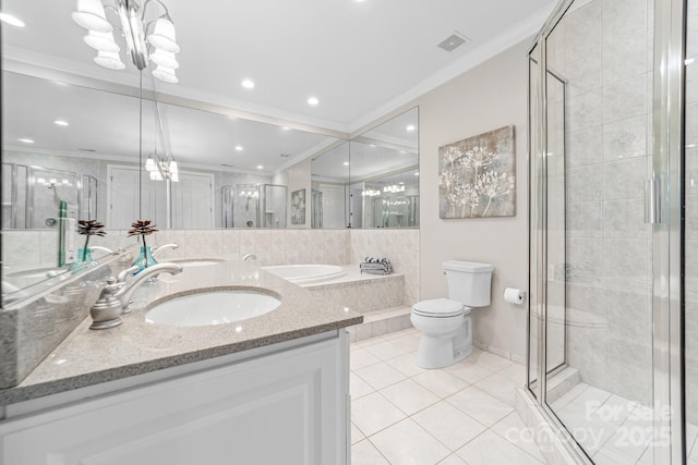 3394 Governors Island Dr, Denver, NC 28037 - full bathroom featuring a chandelier, double vanity, a shower stall, tile patterned floors, and crown molding