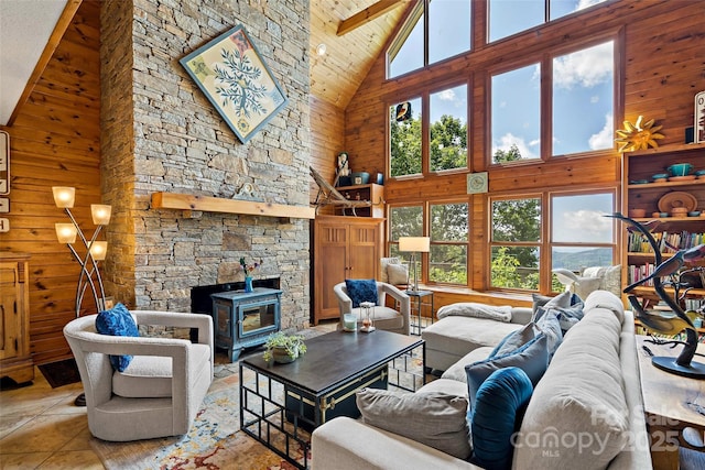 62 Skyline Dr Unit 509-510, Old Fort, NC 28762 - living area with high vaulted ceiling, wooden walls, wooden ceiling, light tile patterned flooring, and a wood stove