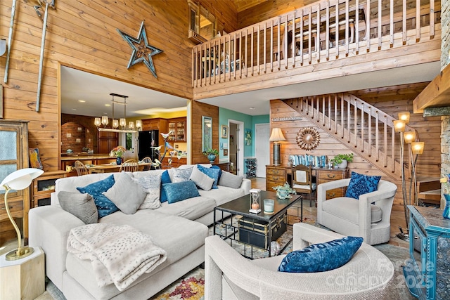 62 Skyline Dr Unit 509-510, Old Fort, NC 28762 - living room featuring a towering ceiling and wood walls
