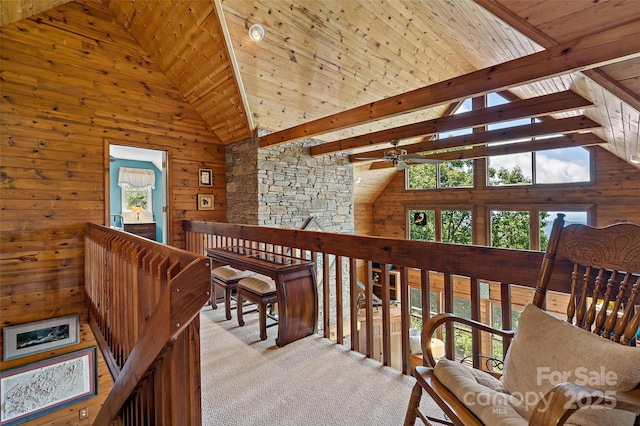 62 Skyline Dr Unit 509-510, Old Fort, NC 28762 - corridor featuring high vaulted ceiling, an upstairs landing, carpet flooring, a wooden ceiling with exposed beams, and wooden walls