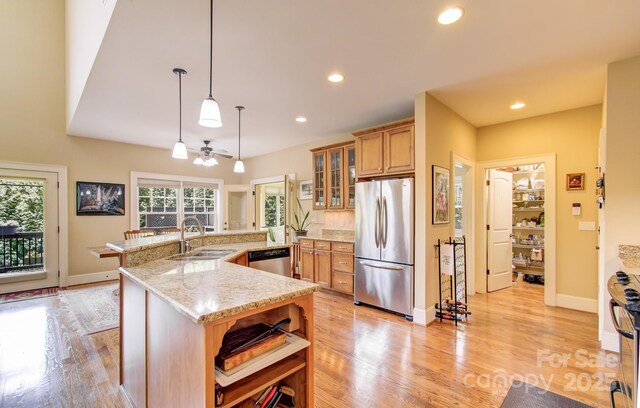 35 Village Pointe Ln, Asheville, NC 28803 - kitchen featuring appliances with stainless steel finishes, healthy amount of natural light, glass insert cabinets, light wood-style floors, and recessed lighting