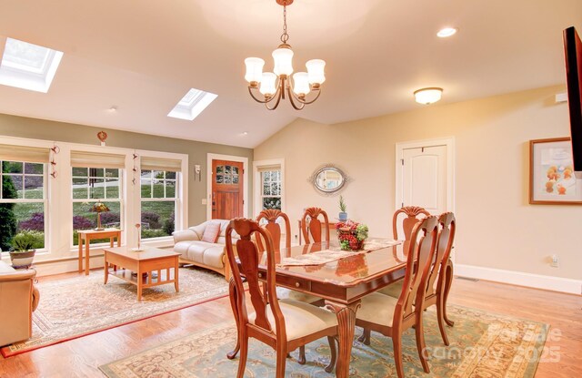 35 Village Pointe Ln, Asheville, NC 28803 - dining space with a skylight, lofted ceiling, a chandelier, light wood finished floors, and recessed lighting