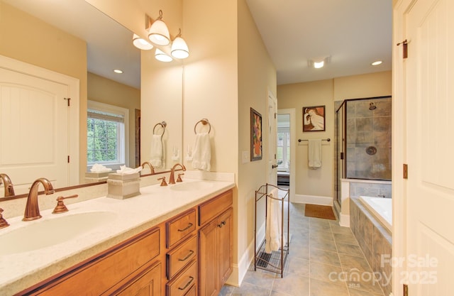 35 Village Pointe Ln, Asheville, NC 28803 - bathroom with a bath, tile patterned flooring, double vanity, tiled shower, and recessed lighting