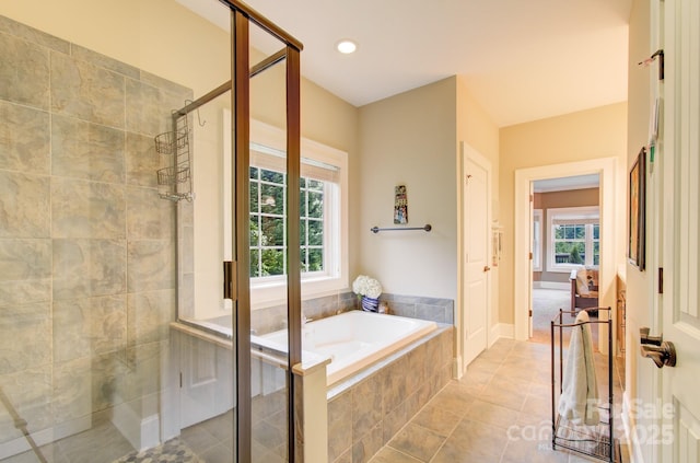 35 Village Pointe Ln, Asheville, NC 28803 - bathroom with a shower stall, a garden tub, tile patterned floors, and recessed lighting