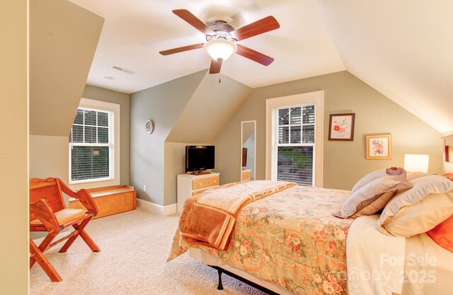 35 Village Pointe Ln, Asheville, NC 28803 - bedroom with carpet floors, vaulted ceiling, and a ceiling fan
