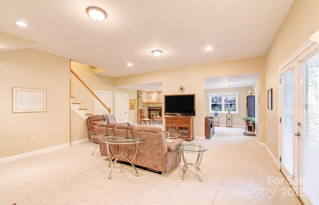 35 Village Pointe Ln, Asheville, NC 28803 - living area with carpet, stairway, recessed lighting, and a stone fireplace
