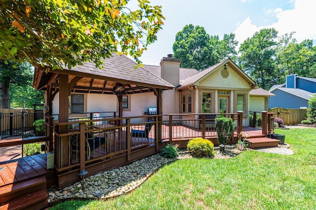 3889 Mattingly Dr, Hickory, NC 28602 - rear view of property with stucco siding, a wooden deck, a gazebo, a chimney, and roof with shingles
