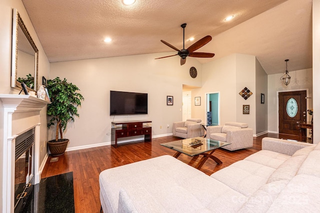 3889 Mattingly Dr, Hickory, NC 28602 - living area with ceiling fan, wood finished floors, a glass covered fireplace, a textured ceiling, and high vaulted ceiling