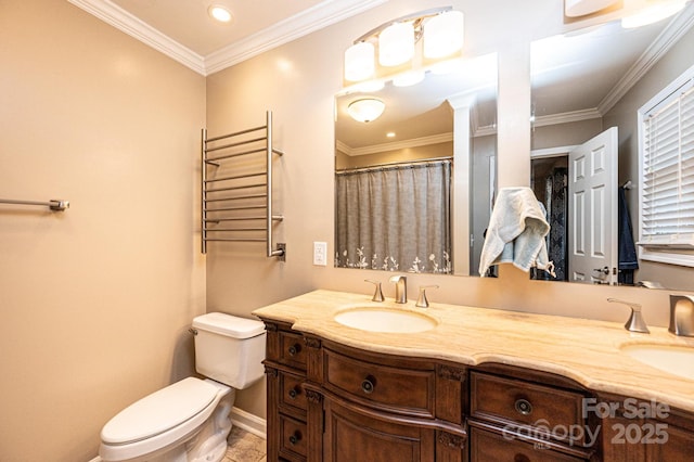 3889 Mattingly Dr, Hickory, NC 28602 - full bathroom with double vanity, crown molding, radiator heating unit, recessed lighting, and a shower with curtain