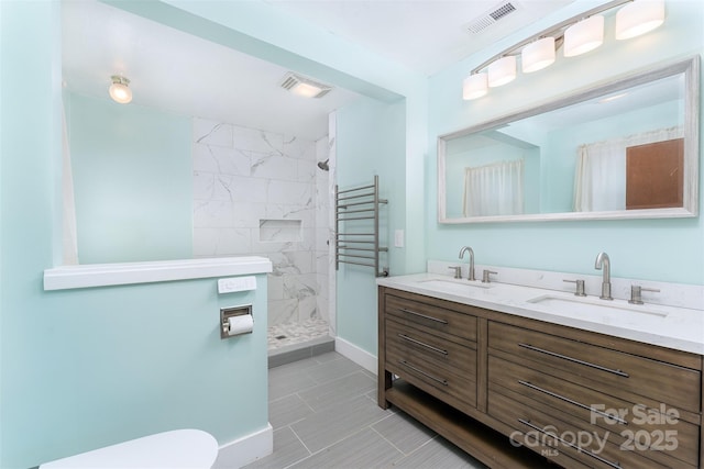 24 Arco Rd, Asheville, NC 28805 - full bathroom featuring tiled shower, double vanity, and tile patterned floors