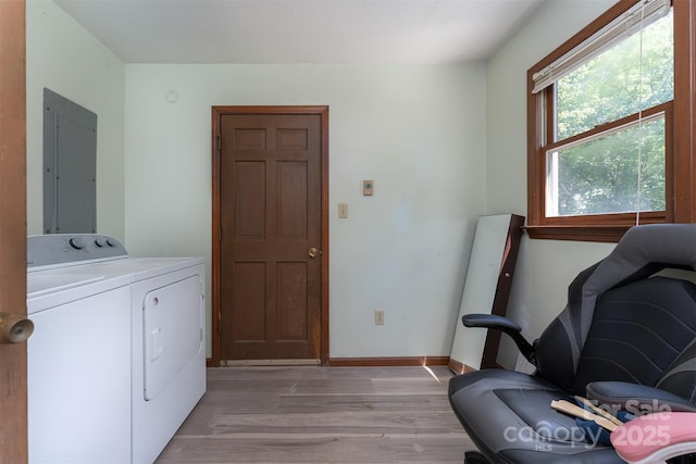 24 Arco Rd, Asheville, NC 28805 - washroom with washing machine and clothes dryer, electric panel, and light wood-style flooring