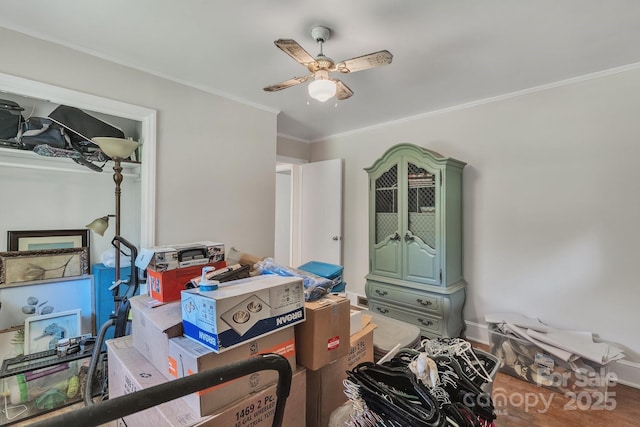 2008 Kimway Dr, Matthews, NC 28105 - bedroom featuring ornamental molding, a ceiling fan, and wood finished floors