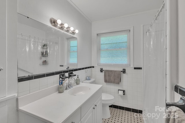 2008 Kimway Dr, Matthews, NC 28105 - bathroom featuring ornamental molding, vanity, tile patterned floors, tile walls, and a shower with shower curtain