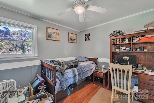 2008 Kimway Dr, Matthews, NC 28105 - bedroom with wood finished floors, crown molding, an office area, and a ceiling fan