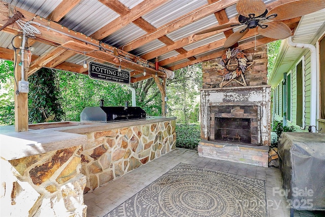 3311 Camden Rd, Marshville, NC 28103 - view of patio with an outdoor stone fireplace, an outdoor kitchen, and ceiling fan