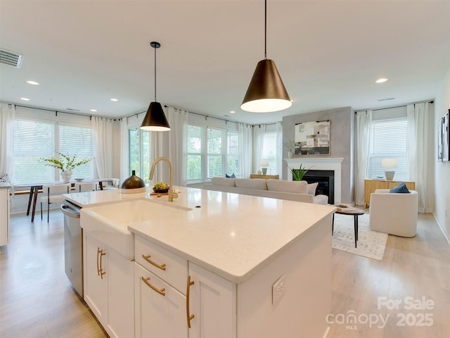 16108 Langston Dr, Charlotte, NC 28278 - kitchen featuring light wood-style floors, healthy amount of natural light, a glass covered fireplace, and recessed lighting