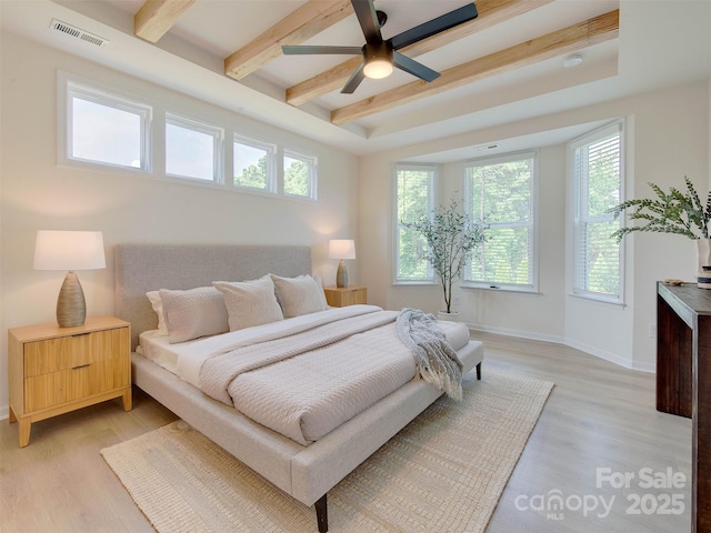 16108 Langston Dr, Charlotte, NC 28278 - bedroom with multiple windows, beam ceiling, light wood-style flooring, and a ceiling fan