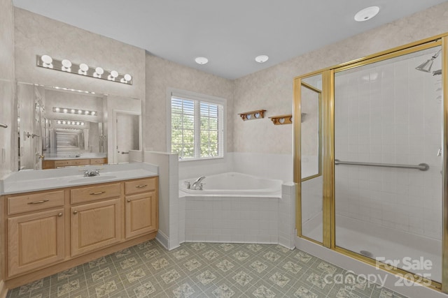 322 Oakview Dr, Salisbury, NC 28146 - full bathroom with a stall shower, vanity, and a garden tub
