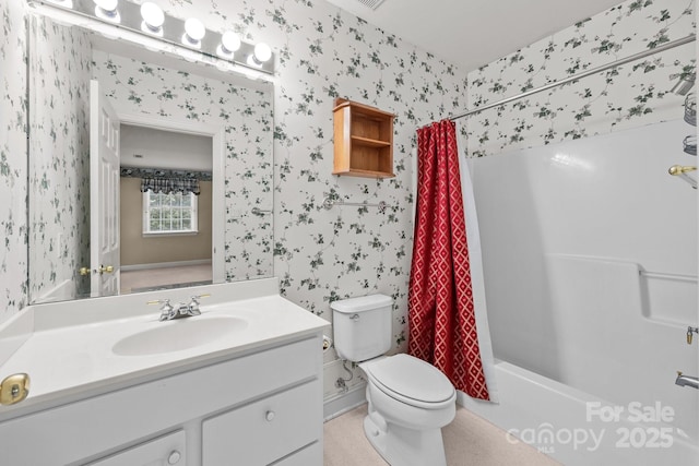322 Oakview Dr, Salisbury, NC 28146 - full bathroom with wallpapered walls, vanity, and shower / bathtub combination with curtain