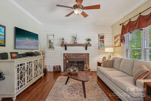2256 Drawbridge Ct, Rock Hill, SC 29732 - living area with ornamental molding, a ceiling fan, wood finished floors, a fireplace, and wood walls