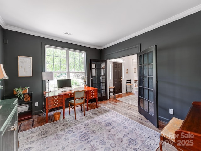 1605 Ambergate Dr, Waxhaw, NC 28173 - office with wood finished floors, ornamental molding, and french doors