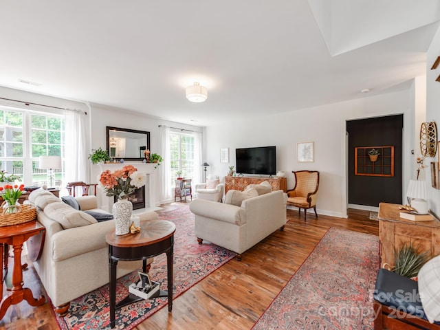 1605 Ambergate Dr, Waxhaw, NC 28173 - living room featuring wood finished floors, healthy amount of natural light, and a fireplace with flush hearth