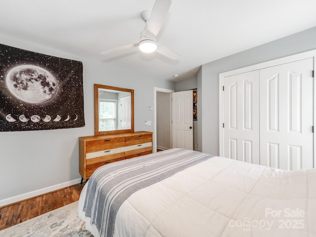 1605 Ambergate Dr, Waxhaw, NC 28173 - bedroom with wood finished floors, a closet, and a ceiling fan