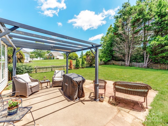 1605 Ambergate Dr, Waxhaw, NC 28173 - fenced backyard featuring a pergola, an outdoor living space, a patio, and area for grilling