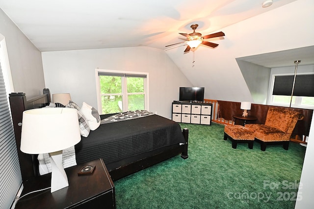 3430 Rose Creek Rd, Morganton, NC 28655 - bedroom featuring vaulted ceiling, carpet floors, and a ceiling fan