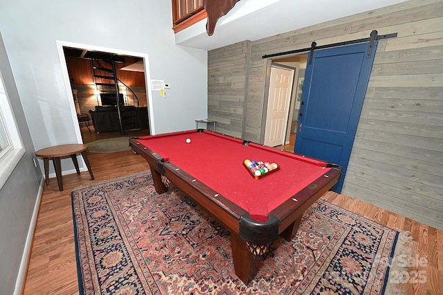 3430 Rose Creek Rd, Morganton, NC 28655 - rec room with wooden walls, wood finished floors, pool table, and a barn door
