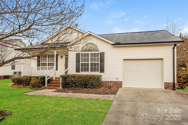 828 Saint Andrews Pl, Concord, NC 28025 - view of front of house with a porch, concrete driveway, a front lawn, roof with shingles, and an attached garage