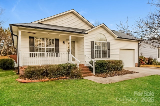 828 Saint Andrews Pl, Concord, NC 28025 - ranch-style house featuring concrete driveway, covered porch, a front lawn, a garage, and a shingled roof