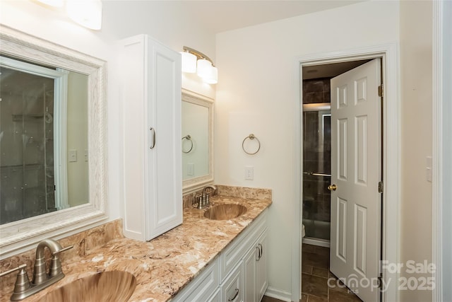 828 Saint Andrews Pl, Concord, NC 28025 - full bath with double vanity, a shower with door, and tile patterned floors
