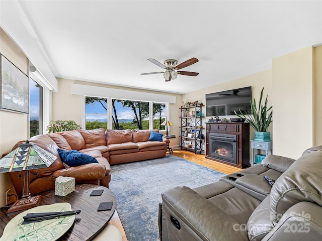 170 Twin Springs Rd, Hendersonville, NC 28792 - living room with wood finished floors, a ceiling fan, and a glass covered fireplace