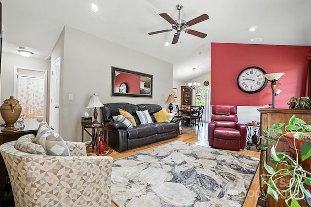 402 Walnut St Unit 11, China Grove, NC 28023 - living area with lofted ceiling, ceiling fan, wood finished floors, recessed lighting, and a chandelier