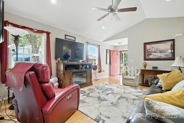 402 Walnut St Unit 11, China Grove, NC 28023 - living room with lofted ceiling, ceiling fan, healthy amount of natural light, wood finished floors, and recessed lighting