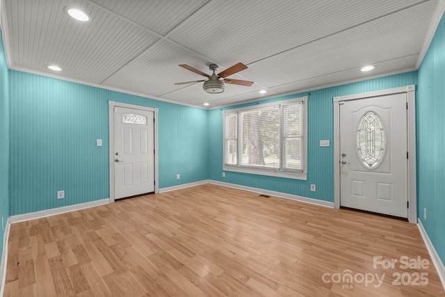 435 Stirewalt Rd, China Grove, NC 28023 - entryway featuring a ceiling fan, light wood-style floors, recessed lighting, and ornamental molding
