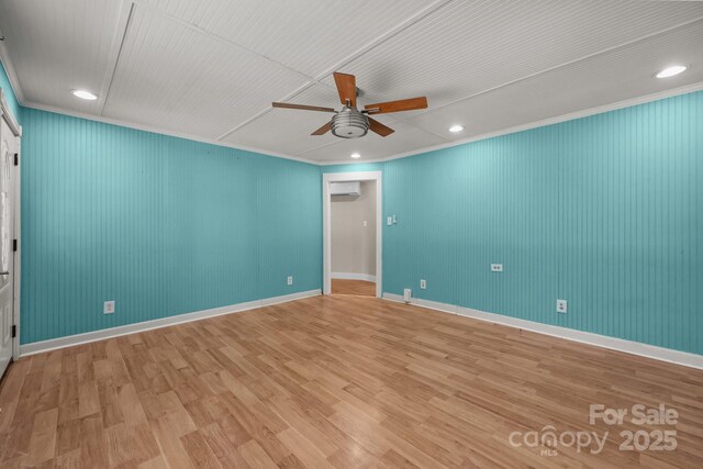 435 Stirewalt Rd, China Grove, NC 28023 - unfurnished room with a ceiling fan, a wall unit AC, light wood finished floors, crown molding, and recessed lighting