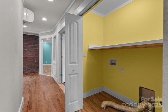 435 Stirewalt Rd, China Grove, NC 28023 - washroom featuring washer hookup, wood finished floors, crown molding, and recessed lighting