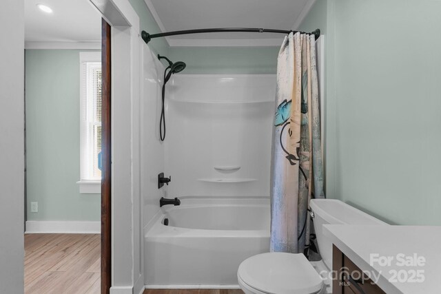435 Stirewalt Rd, China Grove, NC 28023 - full bathroom featuring shower / bathtub combination with curtain, wood finished floors, vanity, and ornamental molding