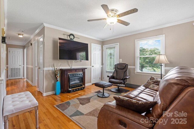 1040 Stagecoach Trl, Lenoir, NC 28645 - living area with light wood-type flooring, ornamental molding, ceiling fan, and a glass covered fireplace