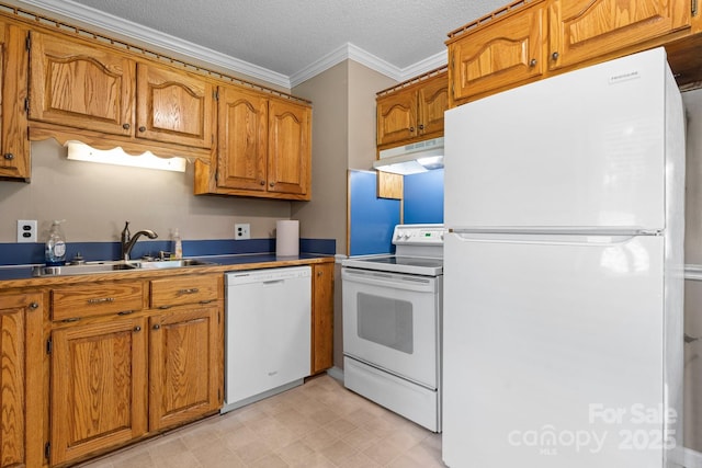 1040 Stagecoach Trl, Lenoir, NC 28645 - kitchen with white appliances, under cabinet range hood, crown molding, brown cabinets, and light flooring