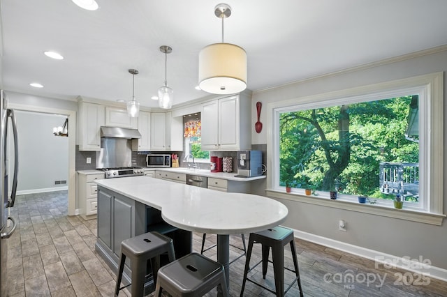 310 25th Ave NW, Hickory, NC 28601 - kitchen featuring stainless steel appliances, crown molding, light countertops, under cabinet range hood, and backsplash