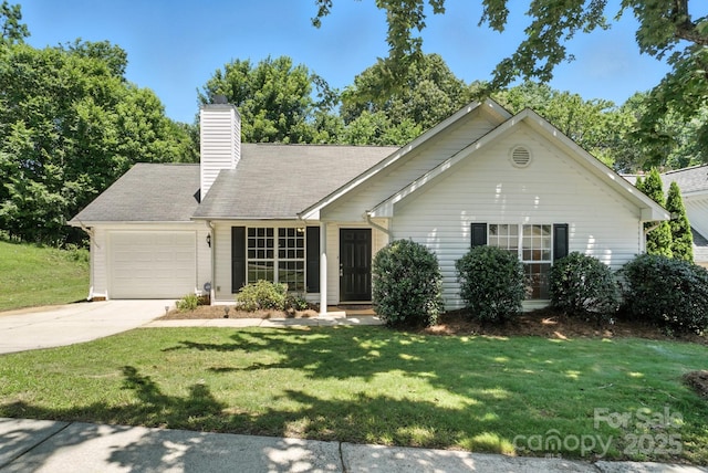 14658 Laura Michelle Rd, Huntersville, NC 28078 - single story home with an attached garage, driveway, a front yard, and a chimney