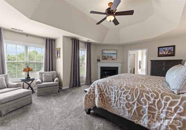 112 Steeplechase Ave, Mooresville, NC 28117 - bedroom featuring carpet flooring, multiple windows, a tray ceiling, and a lit fireplace