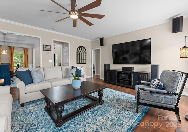 112 Steeplechase Ave, Mooresville, NC 28117 - living area with ceiling fan, wood finished floors, and ornamental molding