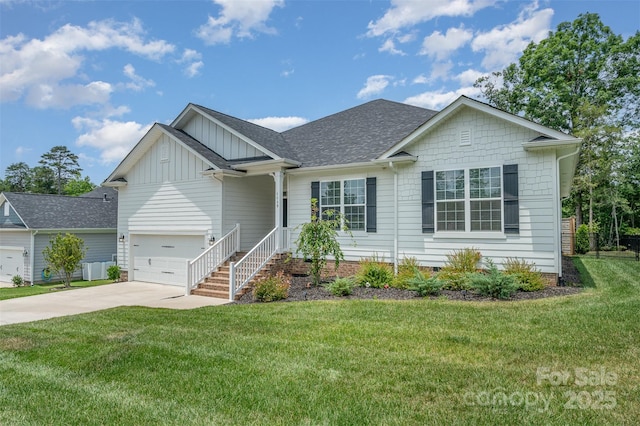 7739 Village Pkwy, Locust, NC 28097 - ranch-style home featuring board and batten siding, driveway, a front lawn, a garage, and a shingled roof