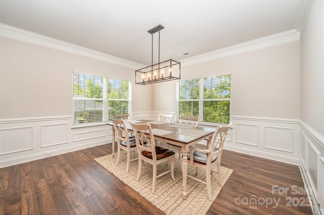 7739 Village Pkwy, Locust, NC 28097 - dining area featuring ornamental molding, wainscoting, a chandelier, plenty of natural light, and dark wood-type flooring