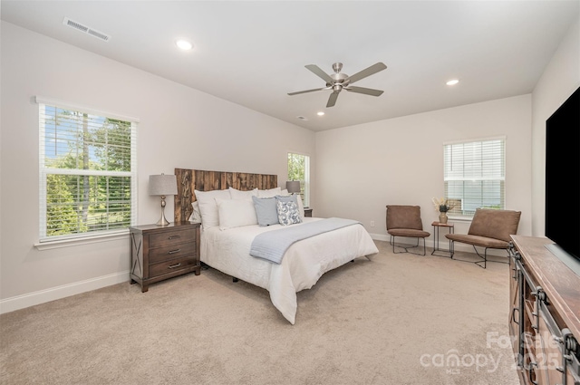 7739 Village Pkwy, Locust, NC 28097 - bedroom featuring light carpet, recessed lighting, and a ceiling fan