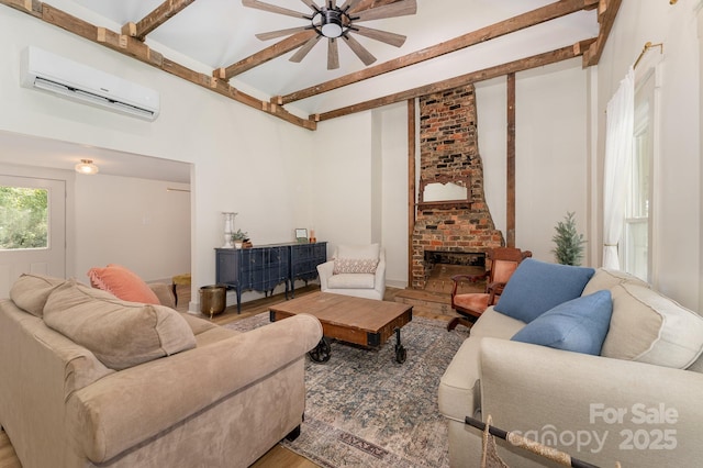 220 Low Water Bridge Rd, Troy, NC 27371 - living room with an AC wall unit, a ceiling fan, a brick fireplace, beam ceiling, and wood finished floors